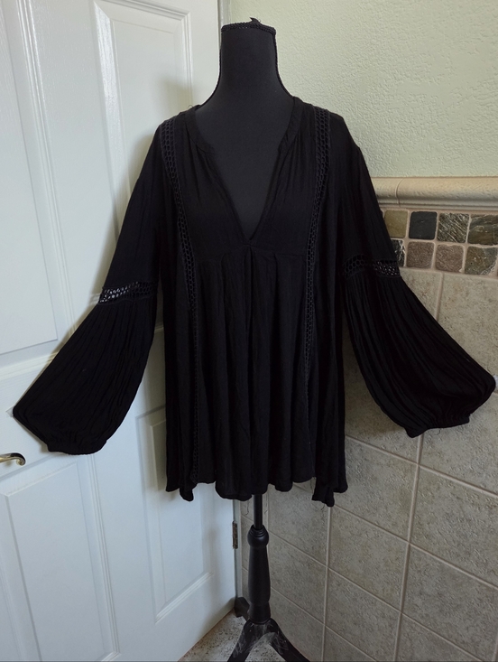 Free People Dresses & Skirts - Free People Black Boho V-Neck Peasant Tunic Mini Dress Festival Goth Bohemian S